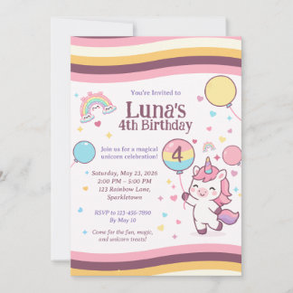 Cute Unicorn Rainbow Girl 4th Birthday Party Invitation