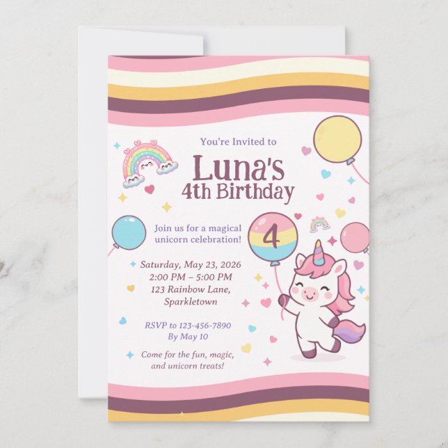 Cute Unicorn Rainbow Girl 4th Birthday Party Invitation (Front)