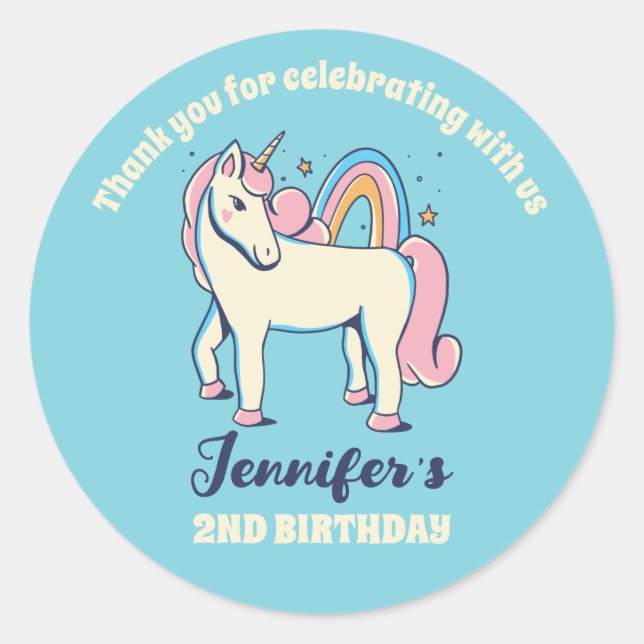 Cute Unicorn Rainbow Girls Birthday Party Favour Classic Round Sticker (Front)