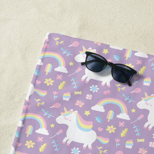 Cute Unicorn Rainbow Girls Purple Beach Towel (In Situ)