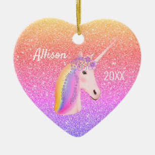 Cute Unicorn Rainbow Glitter Heart Personalised Ceramic Tree Decoration