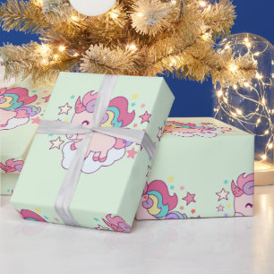 Cute Unicorn Rainbow Gold Glitter Pastel Pink Wrapping Paper