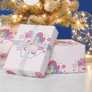 Cute Unicorn Rainbow Gold Glitter Pastel Pink Wrapping Paper