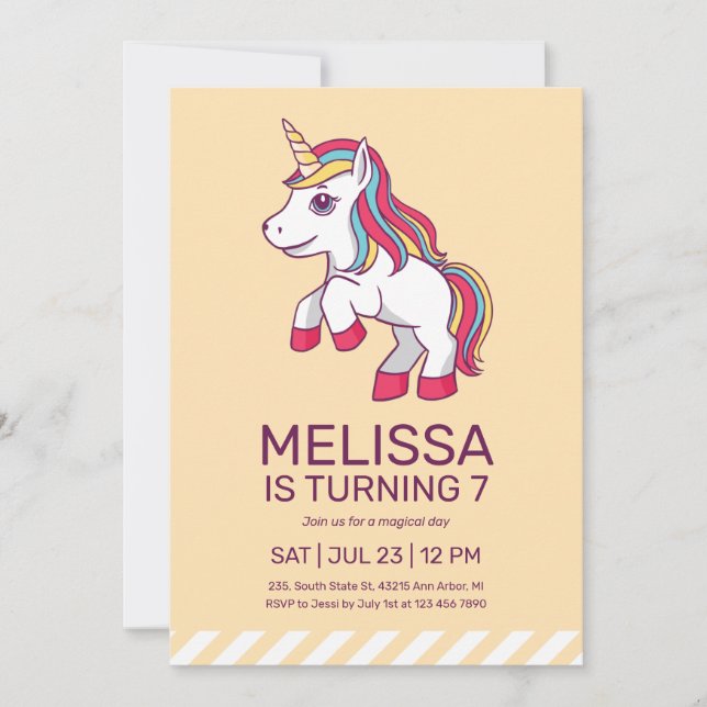Cute Unicorn Rainbow Hair Yellow Kids Birthday Invitation (Front)