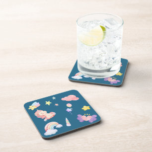 Cute Unicorn Rainbow heart balloon star pattern Coaster