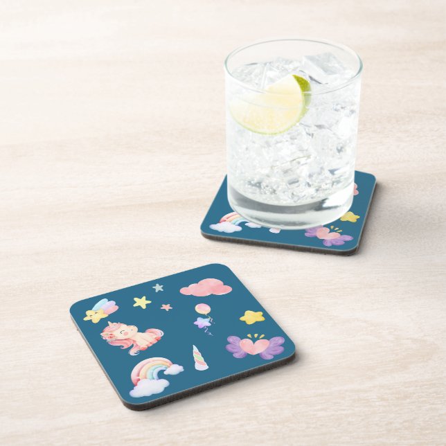 Cute Unicorn Rainbow heart balloon star pattern Coaster (Right Side)