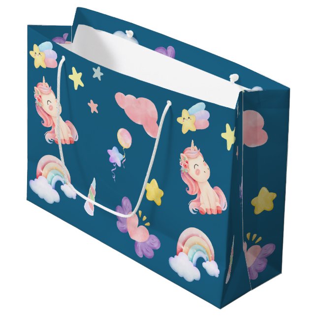 Cute Unicorn Rainbow heart balloon star pattern Large Gift Bag (Front Angled)