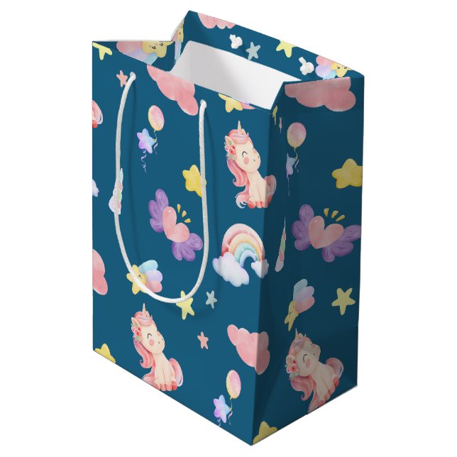 Cute Unicorn Rainbow heart balloon star pattern Medium Gift Bag (Back Angled)