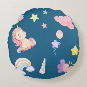 Cute Unicorn Rainbow heart balloon star pattern Round Cushion