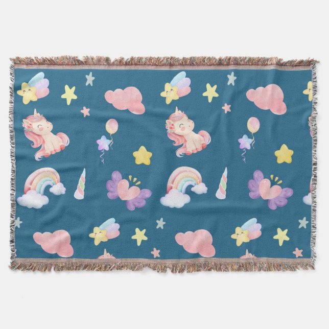 Cute Unicorn Rainbow heart balloon star pattern Throw Blanket (Front)