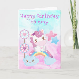 Cute Unicorn, Rainbow & Lollipops Birthday Card
