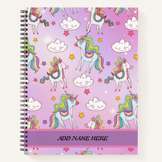 Cute Unicorn Rainbow Pattern Customisable Name  Notebook (Front)