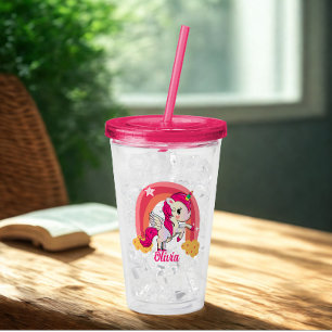 Cute Unicorn Rainbow Personalised Name Pink Colour Acrylic Tumbler