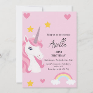 Cute Unicorn Rainbow Pink Girl First Birthday Invitation