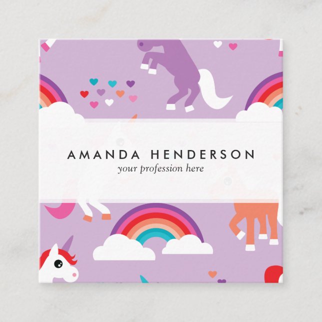Cute Unicorn Rainbow Purple Square Business Card (Front)