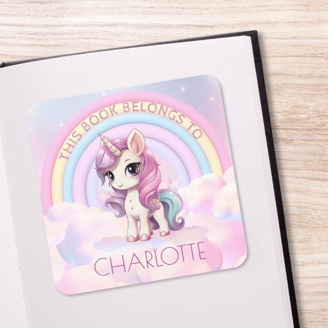 Cute Unicorn Rainbow School Bookplate Name Square Sticker (Creator Uploaded)