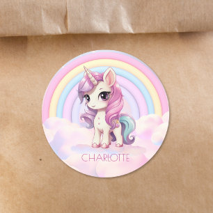 Cute Unicorn Rainbow School Personalised Name Classic Round Sticker