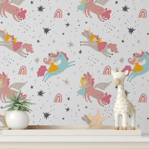 Cute Unicorn Rainbow Stars Girls Nursery Wallpaper