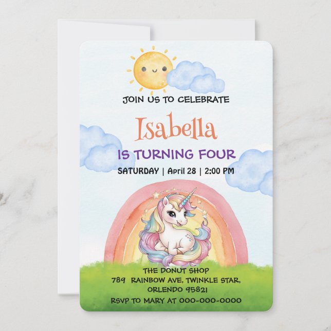 Cute unicorn rainbow sun sky Birthday Party Invitation (Front)