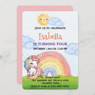 Cute unicorn rainbow sun sky Birthday Party Invitation