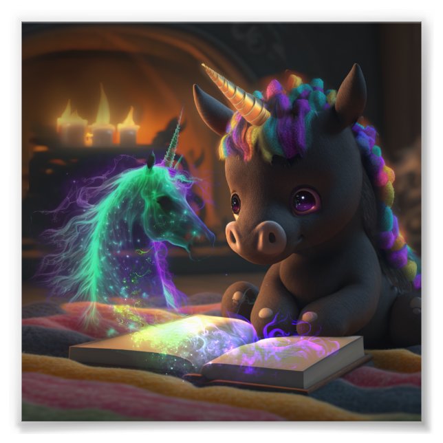 Cute Unicorn reading a book T-Shirt Photo Print (Front)
