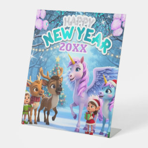 Cute Unicorn & Reindeer New Year Party for Kids Pedestal Sign