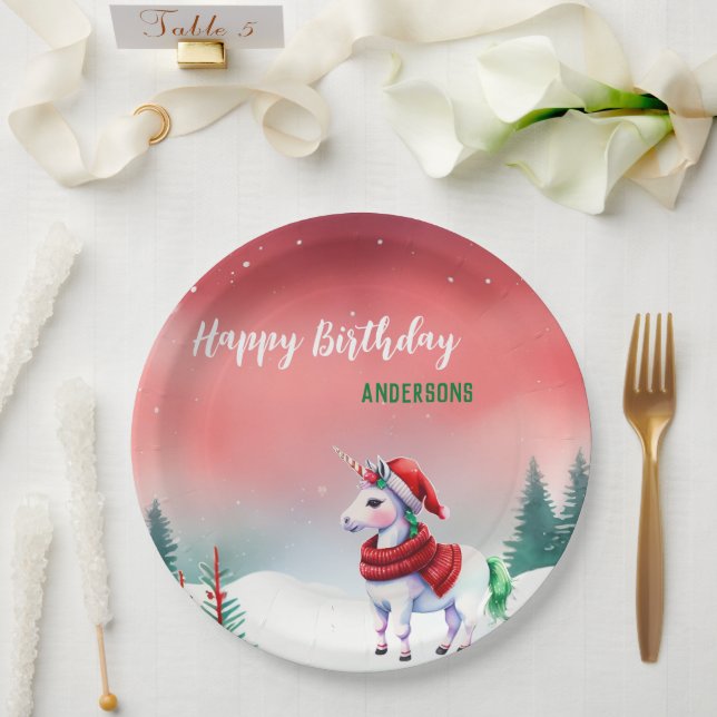 Cute unicorn Santa Christmas birthday snow party Paper Plate (Wedding)
