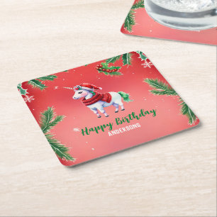 Cute unicorn Santa Christmas birthday snow party Square Paper Coaster