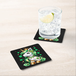 Cute Unicorn Shamrock St Patricks Day Square Paper Coaster