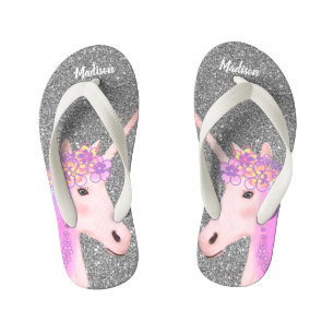 Cute Unicorn Silver Glitter Girls Personalised Kid's Jandals