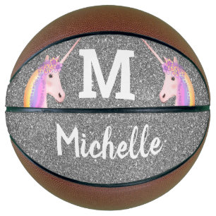 Cute Unicorn Silver Glitter Kids Personalized Basketball