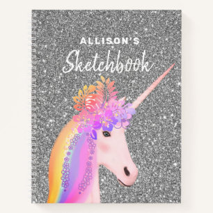 Cute Unicorn Silver Glitter Sketchbook With Name Notebook