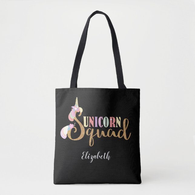 Cute Unicorn Squad Gold Glitter Rainbow Colours Tote Bag (Front)