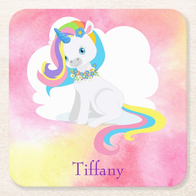 Cute Unicorn Square Paper Coaster (Front)