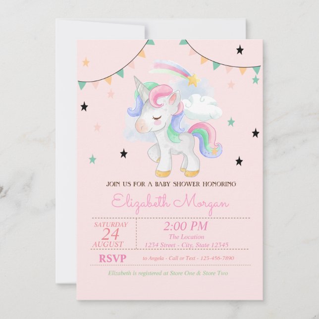 Cute Unicorn, Stars Baby Shower Invitation (Front)