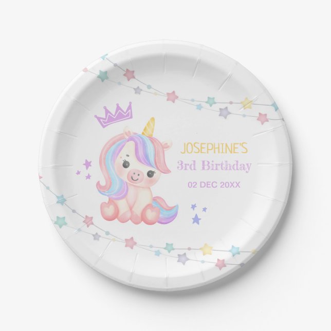Cute Unicorn Stars Banner Fantasy Birthday Paper Plate (Front)