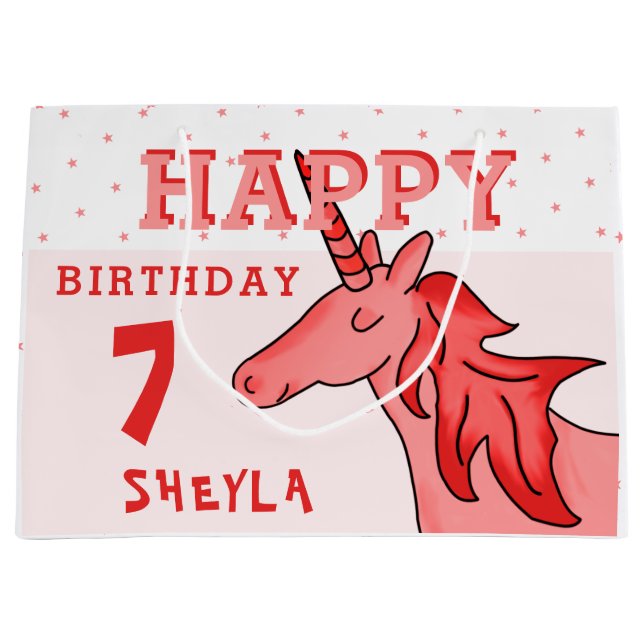 Cute Unicorn Stars Happy Birthday Girl`s Large Gift Bag (Front)