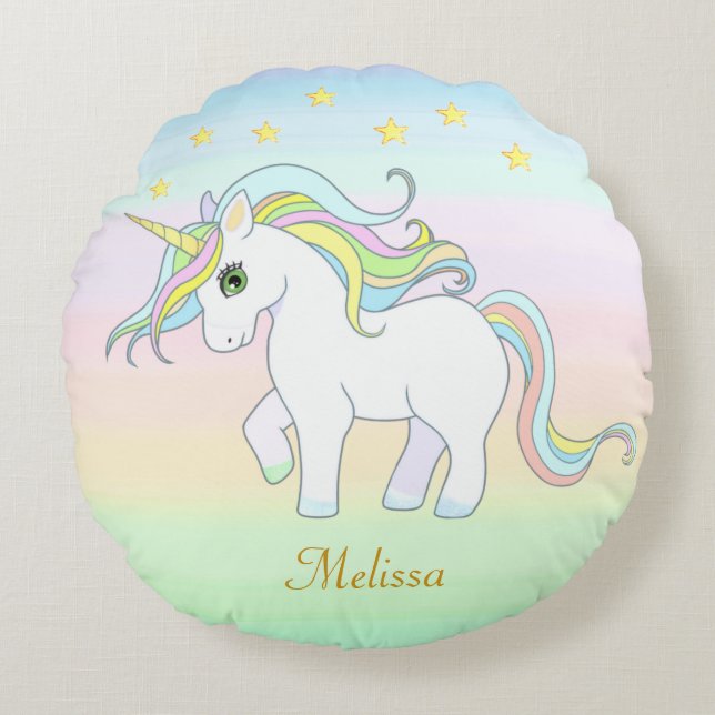  Cute Unicorn & Stars on Pastel Colours Round Cushion (Front)