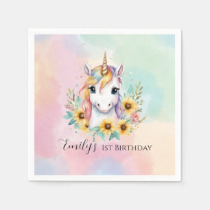 Cute Unicorn Sunflower 1st Birthday Napkin
