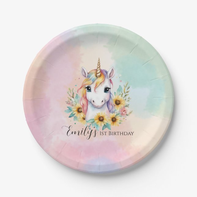 Cute Unicorn Sunflower 1st Birthday Paper Plate (Front)