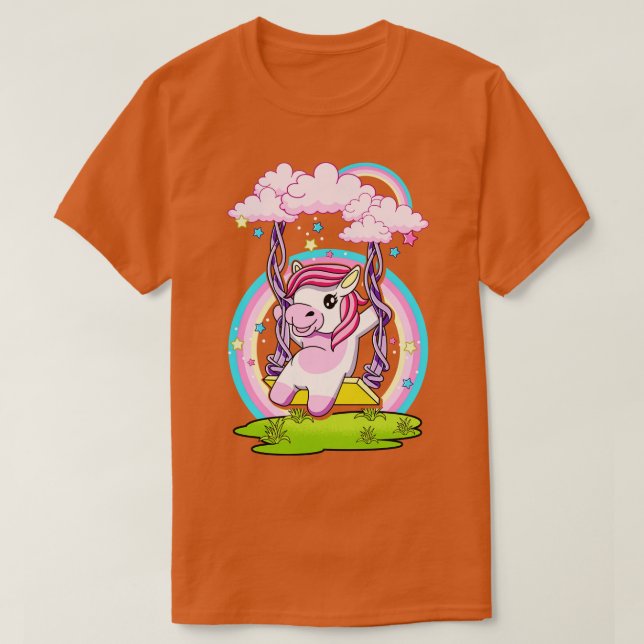 Cute Unicorn Swinging On Cloud Swing T-Shirt (Design Front)