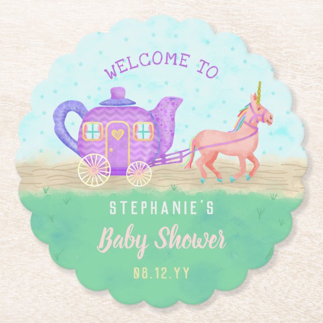 Cute Unicorn Tea Party Baby Shower Chariot Paper Coaster (Front)