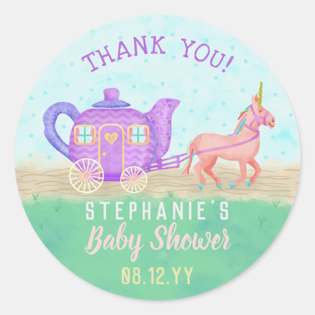 Cute Unicorn Tea Party Baby Shower Thank You Classic Round Sticker (Front)