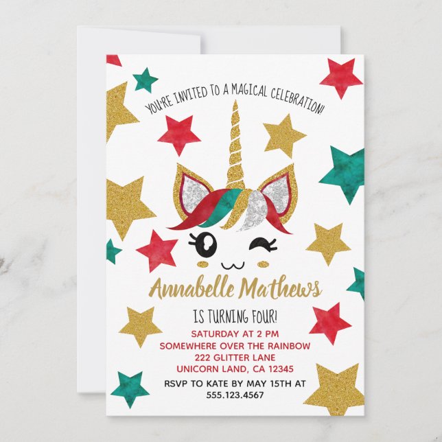 Cute Unicorn Theme Birthday Party Invitation (Front)