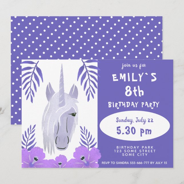 Cute Unicorn Tropical Flowers Girl Birthday Invitation (Front/Back)