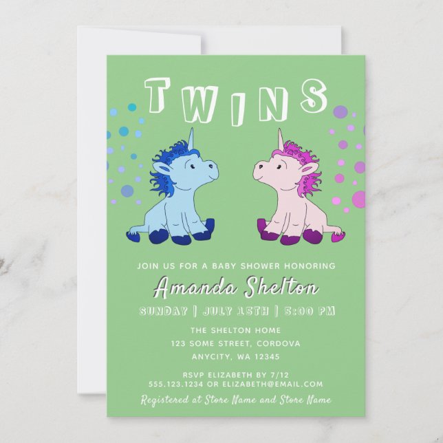 Cute Unicorn Twins Baby Boy Baby Girl Baby Shower Invitation (Front)