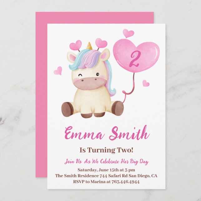 Cute Unicorn Watercolor Birthday Party  Invitation (Front/Back)