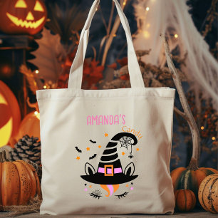 Cute Unicorn Witch Hat Girl Halloween with Name Tote Bag