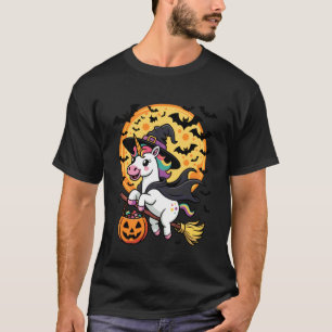 Cute Unicorn Witch Riding Broom Halloween Pumpkin  T-Shirt
