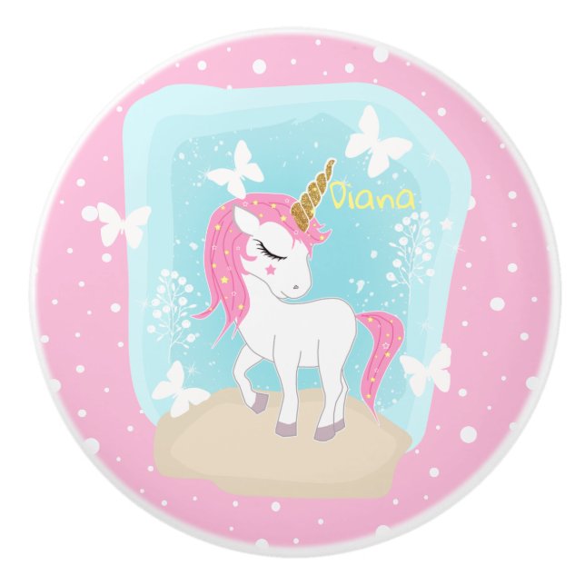 Cute unicorn with butterflies. ceramic knob (Front)